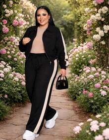 Plus Size Tailored Set With Tie-Front Fabric, Gathered Waist, Zipper, Women's Plus Size Evening, Holiday, Vacation, Daily Travel, Airport Wear, Autumn/Winter - 黑色 - 查看 2