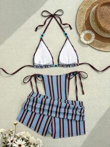 Swim Vcay Nuevo conjunto de traje de baño de mujer de 3 piezas con estilo de rayas de punto texturizado de alta corte con lazos laterales, copa triangular y control de abdomen, con estampado retro de monedas y decoración de estrella de mar de metal en estilo de playa y océano - Multicolor 12 - Ver 5