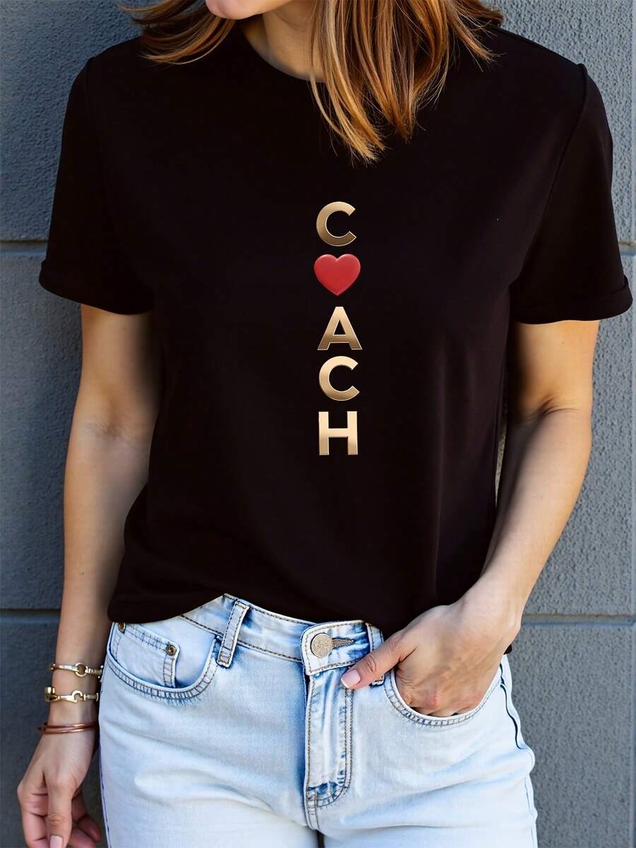 Blusa casual para mujer[1] Camiseta de manga corta estilo Y2K para damas - Top casual de cuello redondo con patrón , cómoda para todas las estaciones, lavable a máquina, atuendo moderno hecho de tela de alta calidad, camisetas de algodón para mujer. - Negro - Ver 1