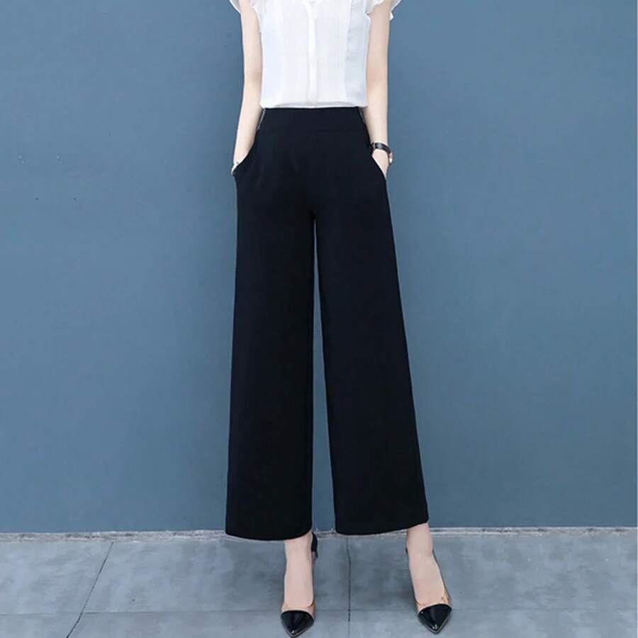 Pantalones de cintura alta de pierna ancha para mujer, holgados, casuales, de corte recto, largos hasta el tobillo, que estil... - Pantalón cropped negro con bolsillos anti-pilling. - Ver 1
