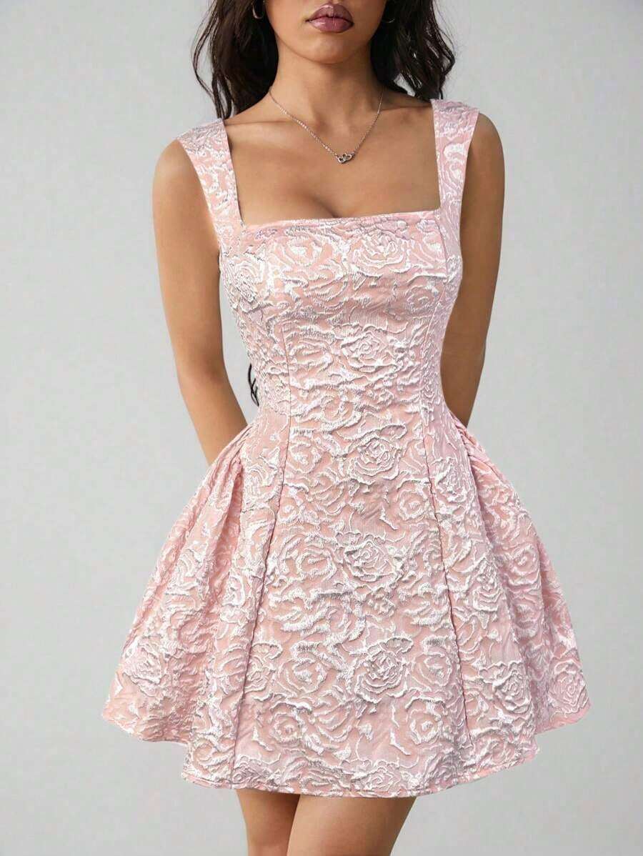 Vestido midi sin mangas de color blanco sólido para mujer, simple y casual para uso diario - Rosa - Ver 1