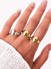 Uself 3 pezzi/1 pezzo Set di anelli a goccia asimmetrici placcati in oro 18K in acciaio inossidabile 304, anelli con apertura irregolare lucidati, adatti per uso quotidiano, feste, regali per le vacanze per le donne, gioielleria da donna, gioielleria occidentale, marchio da donna - Multicolore - Visualizzare 3