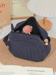 Classic Striped Large Capacity Handheld Makeup Bag, Dark Color Zipper, Skincare Products Travel Organizer Pouch Travel Essentials For Holiday Vacation Makeup Organizer Travel Bag For Women Make Up Bag VA05 - Navy Blue - View 1