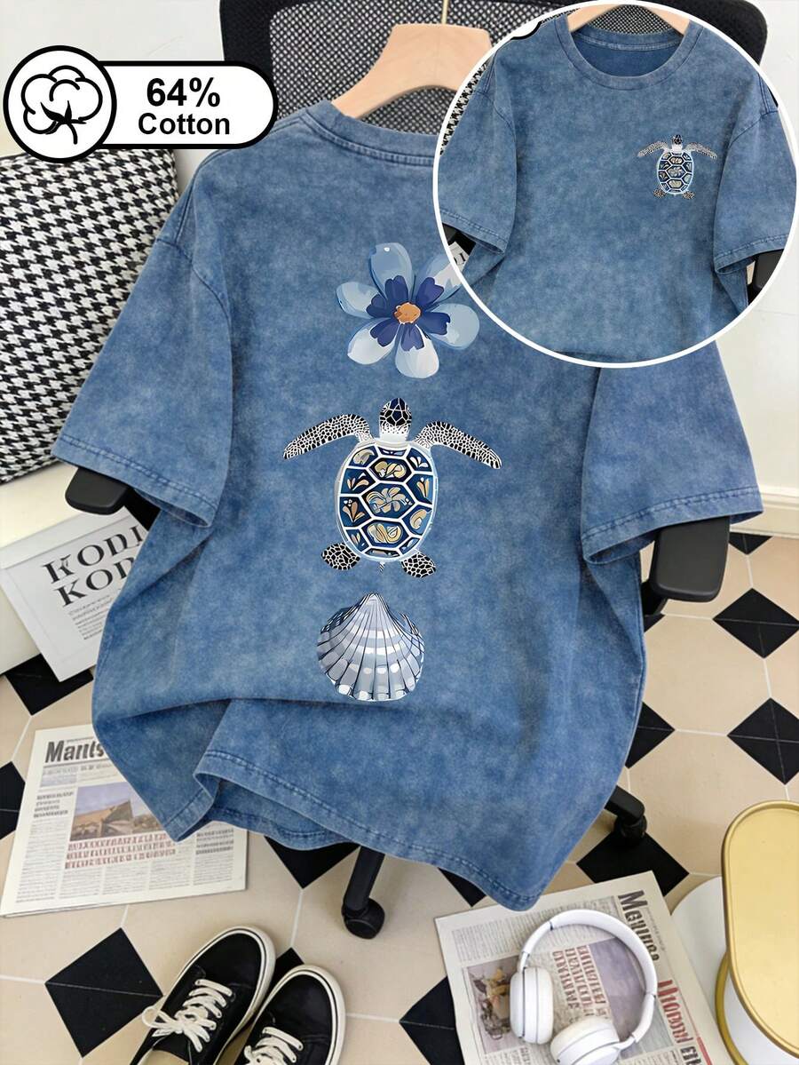 Áo thun nữ cỡ lớn kiểu vintage họa tiết bông tuyết, in hai mặt hình hoa và rùa, cổ tròn, tay ngắn, kiểu dáng thường ngày, thích hợp mặc mùa hè. - Màu xanh lam - Xem 1