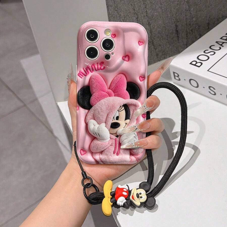 Disney Mickey Mouse Clubhouse Phone Case : 3D Fluffy Pattern Border Protector Phone Soft Phone Case With A Free Cute Mickey Bracelet Chain Lanyard, Mickey, Minnie, Goofy, Donald Duck, Daisy Duck, Pluto, For Apple 17 Promax 17 Pro 16 15 14 13 12 11 Pro Max XS Max X XR Soft Cover Summer Phone Case - trắng - Xem 1