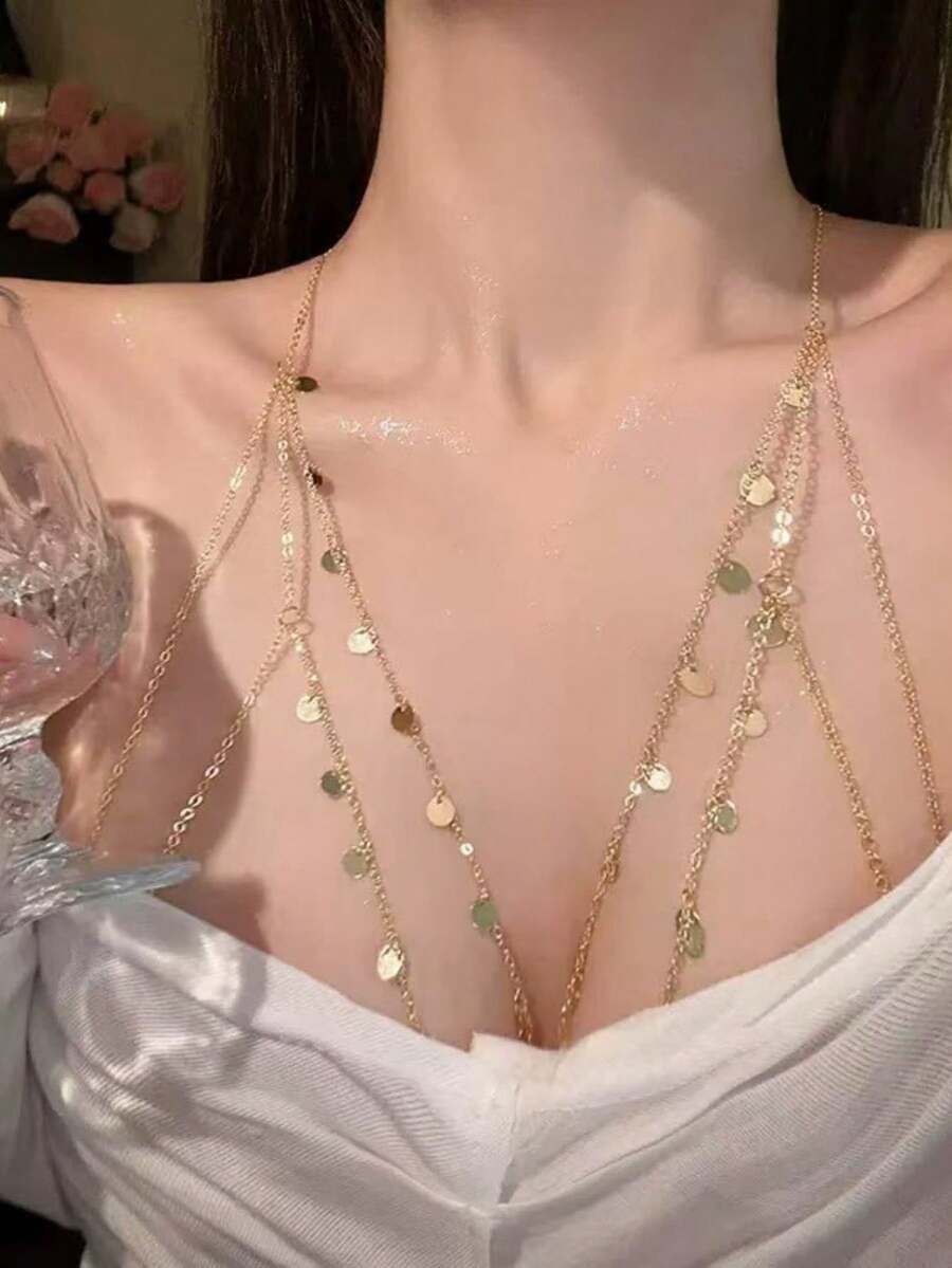 1pc Sexy Rhinestone Tassel Multi-Layer Chest Chain Body Jewelry, Women's Party/Beach/Daily Accessory, Suitable For Dates, Vacation, Summer - Gold Disc - View 1