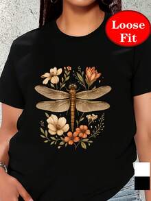 Camiseta de manga corta con diseño floral de libélula y cuello redondo, top casual para primavera y verano, ropa de mujer de talla grande con estampado de libélula - Negro - Ver 2