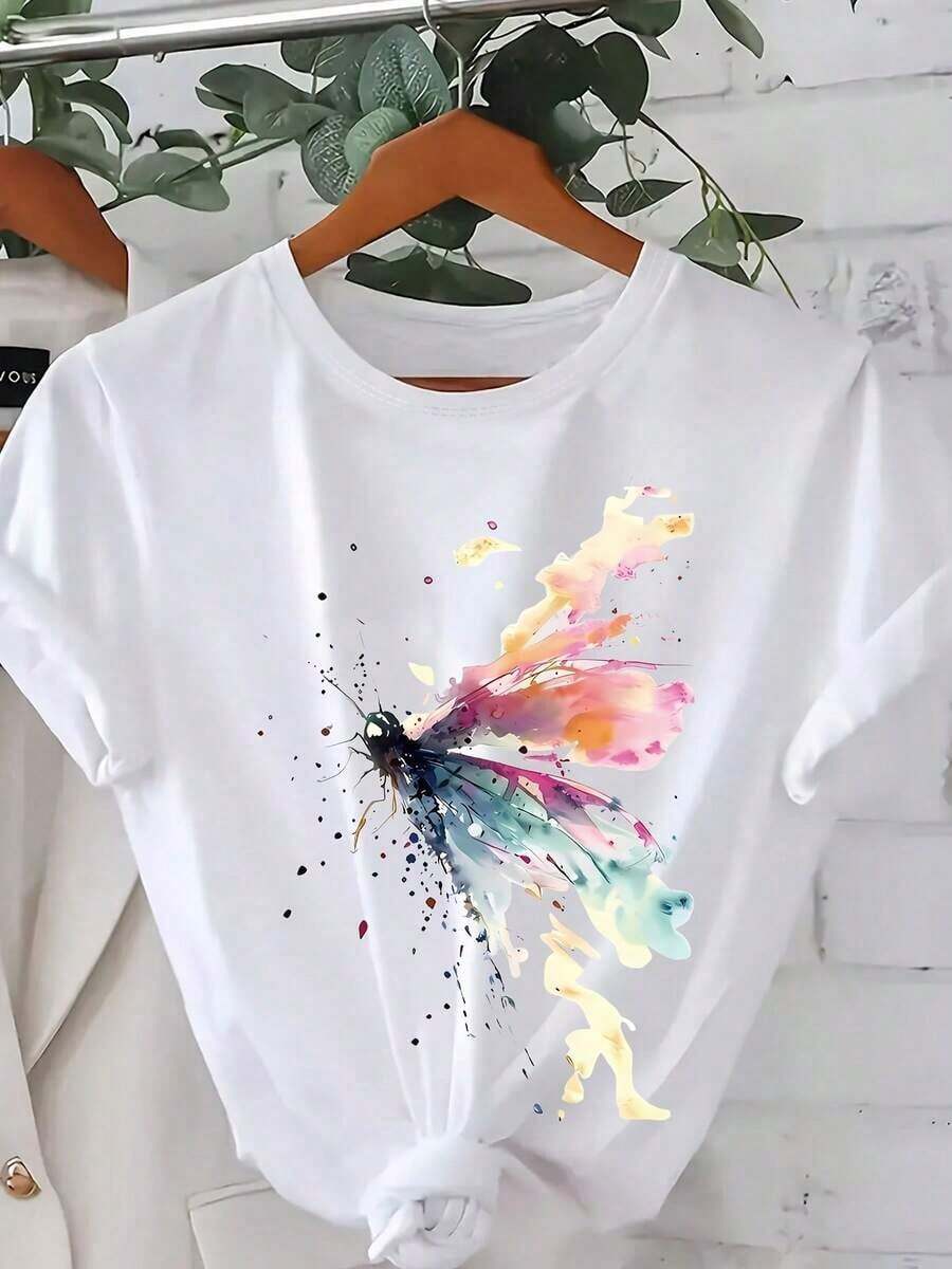Plus Size Women's T-Shirt With Sparkling Butterfly Print - Casual Short Sleeve Crew Neck Top, Vintage Style For Vacation, Breathable Fabric, Machine Washable, Women's Spring Summer Clothing Y2k T-Shirt Shirt - 白色 - 查看 1
