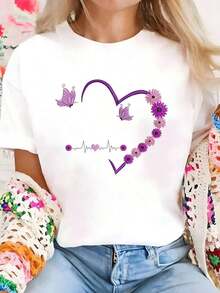 Women's White T-Shirt With Purple Floral Heart And Butterfly Graphic, Aesthetic Heartbeat Design T-Shirt, Romantic Summer Top, Bohemian Style Casual Blouse - 黑色 - 查看 6