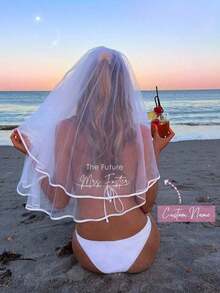 1Pc Custom Bride Bachelorette Veil ,Custom Text Veil, Future Mrs Veil, Bachelorette Party, Short Tulle Veil With Hair Comb,Bridal Shower Wedding Engagement Bride To Be Future Mrs Decoration Gift, Durable, Vintage, Casual, Hipster, Old Money, Stylish, Beach - 白色 - 查看 1