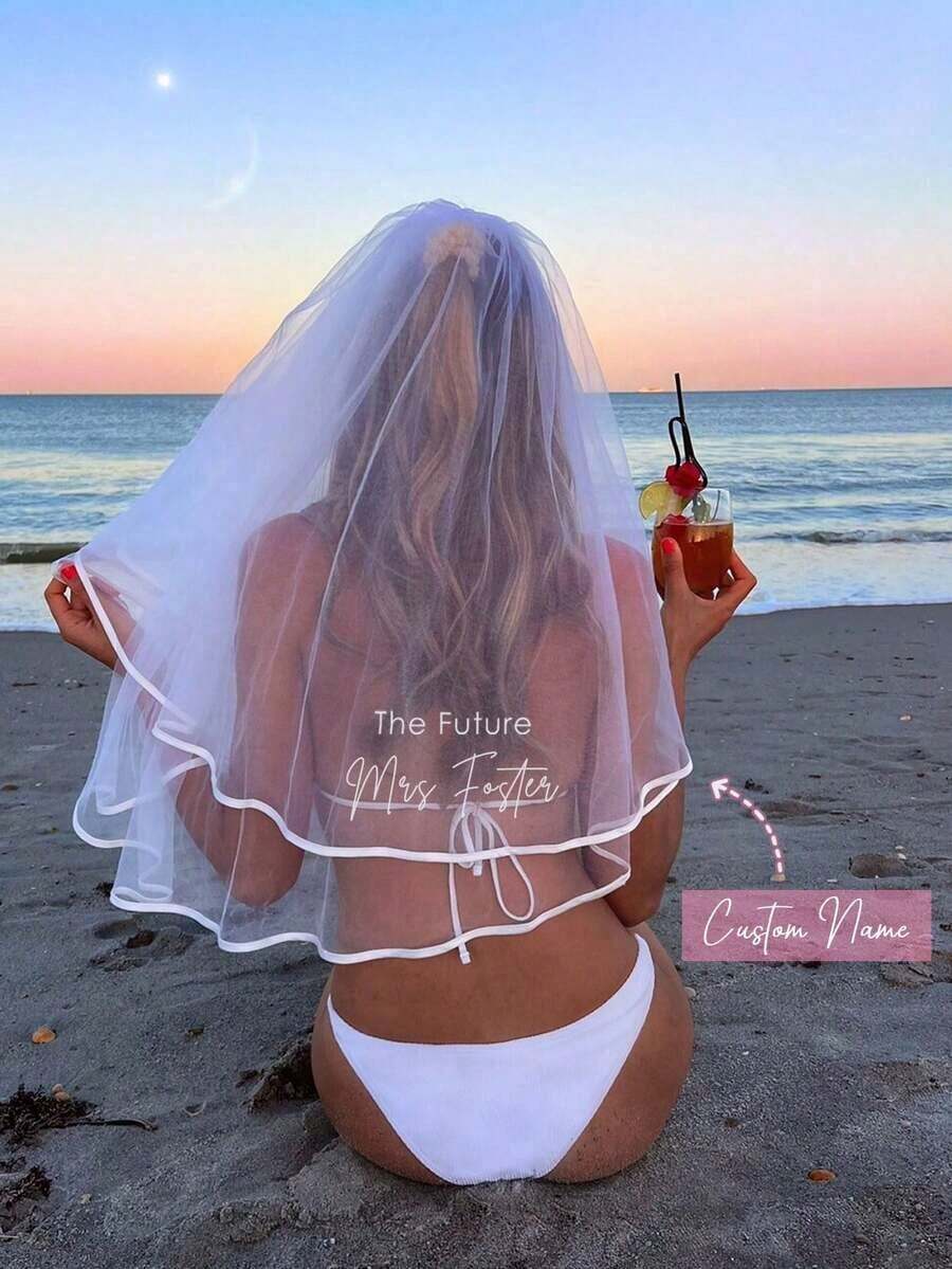 1Pc Custom Bride Bachelorette Veil ,Custom Text Veil, Future Mrs Veil, Bachelorette Party, Short Tulle Veil With Hair Comb,Bridal Shower Wedding Engagement Bride To Be Future Mrs Decoration Gift, Durable, Vintage, Casual, Hipster, Old Money, Stylish, Beach - 白色 - 查看 1