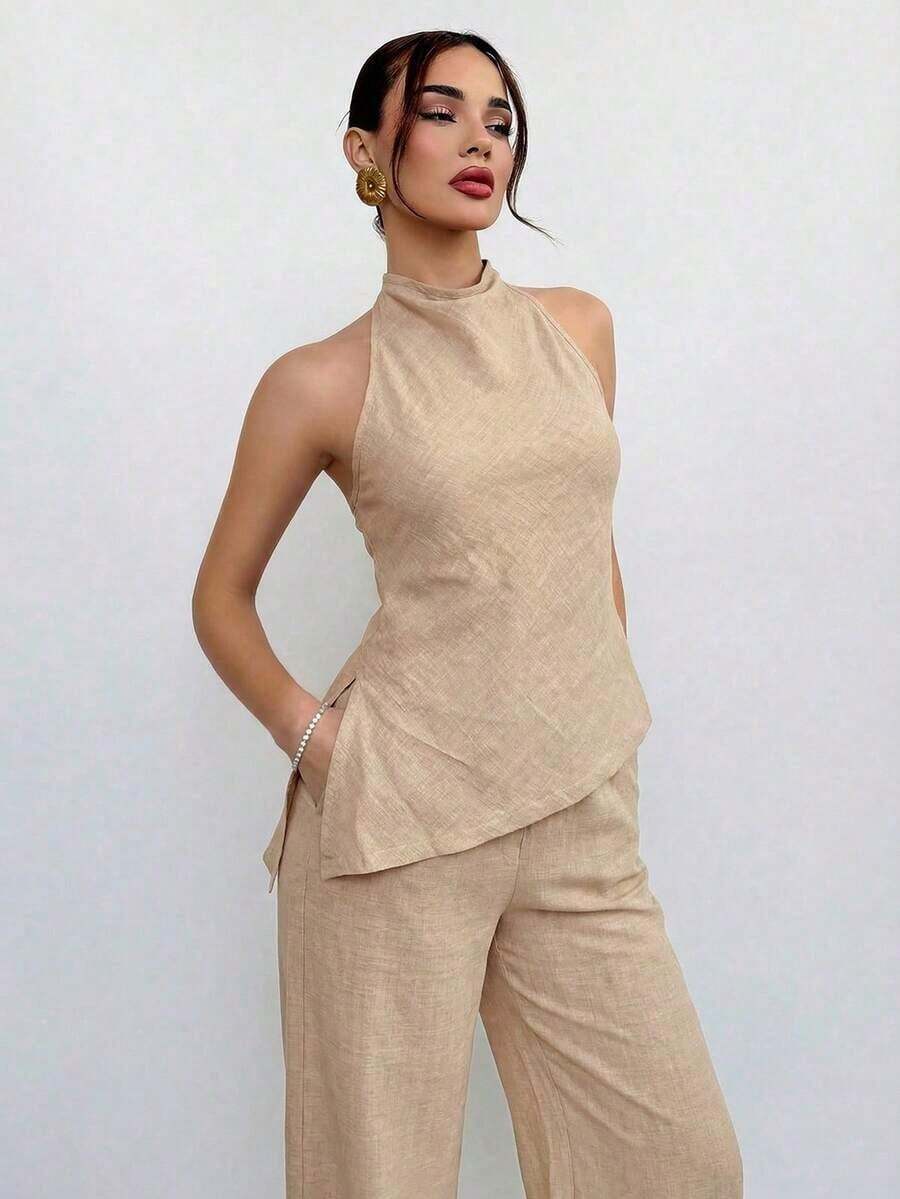 Conjunto de top halter y pantalones de color café claro, estilo sencillo para ir al trabajo - Caqui - Ver 1