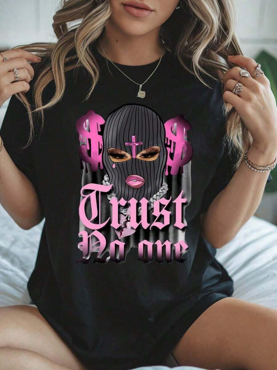 1 Piece Of Women's 100% Cotton T-Shirt With The Phrase "Trust No One Girl", Thick Cotton T-Shirt For Women For Christmas (1 Piece) 180g 100% Cotton, Designs Are Printed. Unisex. - 黑色 - 查看 1
