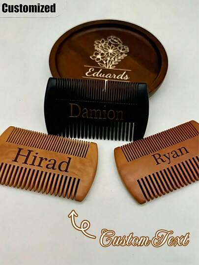 Customized Men's Beechwood Grooming Set: Double-Sided Comb And Brush With Travel Hanging Rope, Perfect Beard Care Tool, Top Choice For Holiday And Birthday Gifts, Portable Beard Brush Combo