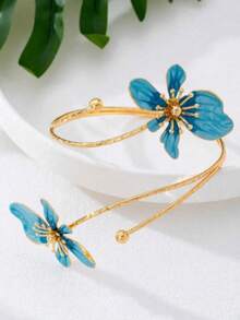 1pc European & American Stylish Flower Pendant Open-Ended Bangle Bracelet, Perfect For Women Resort Outfits - Blue - View 4