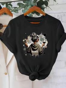 Camiseta de algodón de manga corta para mujer, camiseta gráfica amarillo claro para mujer - Estampado artístico de mujer dramática con copa de vino - Ideal para atuendos casuales de diario y formales - Camiseta elegante lavable a máquina para eventos teatrales y fiestas, atuendo de fiesta, declaración de moda única, material transpirable, camiseta llamativa, para amantes de la moda, diseño artístico, textura suave, top de manga corta. - Negro - Ver 1