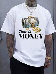 Men's T-Shirt With A Watch, Money, And Chain Print. Time Is Money. Short-Sleeved, Crew-Neck T-Shirt With A One-Sided Print, Made From 220g Pure Cotton. Gift For Dad, Mom, Family, And Friends. Everyday Wear. Urban Style. Comfortable Cotton T-Shirt For Men. Celebrity Actor Style T-Shirt. - 彩色 - 查看 1