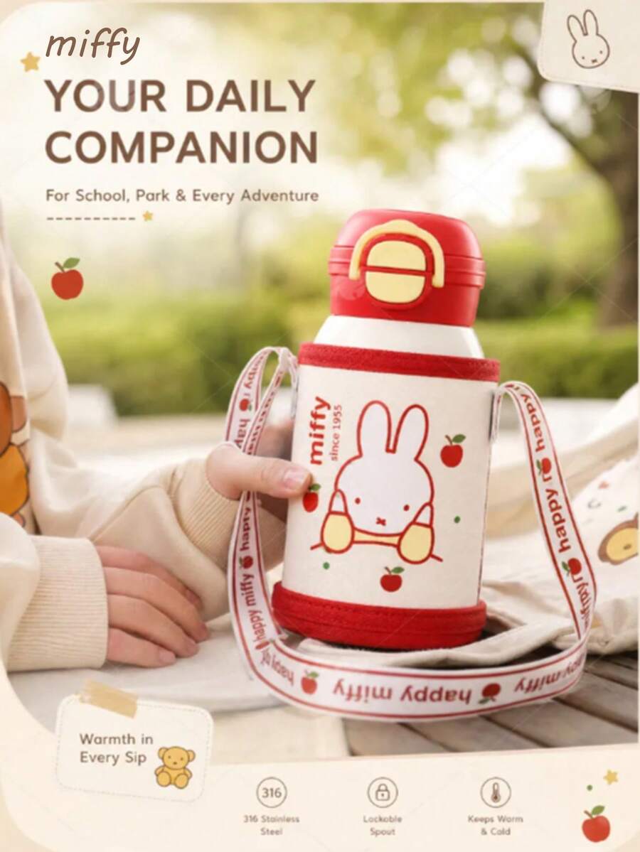 MIFFY Red Apple Series 550ml Stainless Steel Vacuum Insulated Water Bottle With Protective Sleeve, Cute Cartoon Rabbit Pattern, Adjustable Shoulder Strap, Dual Lid Design For Straw Or Direct Drinking, Children - Multicolor - View 1