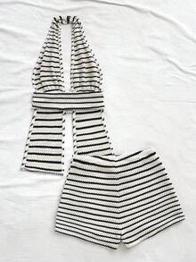 Conjunto de 2 piezas de top halter y shorts de moda para mujer de vacaciones - Blanco y Negro - Ver 2