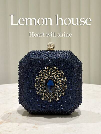 1pc Navy Blue Sparkling Rhinestone Decor Elegant Mini Box Clutch Bag, Fashion Personality Handbag, Suitable For Evening Party, Wedding, Gala, Music Festival, Carnival, Women