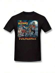 Men's Breathable Cotton T-Shirt With A Graphic Design, Ideal For Summer. Black, Featuring Artwork By The Band The Meteors Psychobilly, Perfect For Fans Of Rock Music And Concerts. Soft To The Touch, Comfortable Fit, Smooth Feel, Non-Irritating, Loose And Comfortable Style For Summer. - Black - View 1