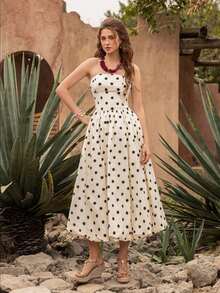 Elegante vestido midi de lunares retro sin tirantes con bajo abullonado - Adecuado para invitados de boda, fiestas, playa, vacaciones de verano, salidas y ceremonias de graduación Blanco - Blanco - Ver 8