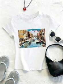 Camiseta de manga corta para mujer con estampado de eslogan, cuello redondo, estilo casual y versátil, para el tiempo libre. - Blanco - Ver 1