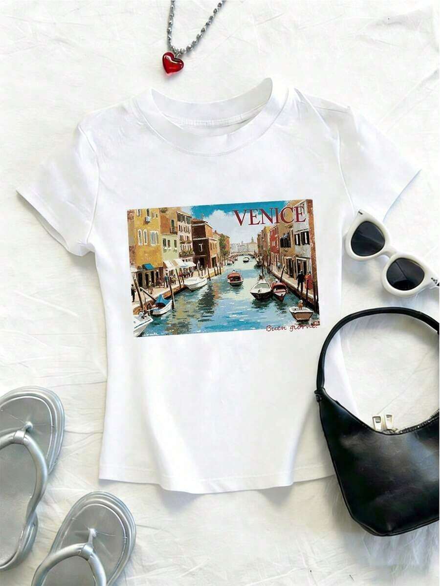 Camiseta de manga corta para mujer con estampado de eslogan, cuello redondo, estilo casual y versátil, para el tiempo libre. - Blanco - Ver 1