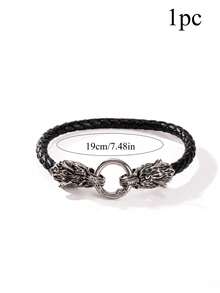 1pc Men's Punk Wolf Head Viking Leather Bracelet, 19/21/23cm - Multicolor - View 9