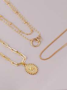 3pcs Gold Tone Layered Pendant Necklace Set, Sun Pendant Necklace, Suitable For Women's Daily, Date, Music Festival, Party Stacking Wear - Yellow Gold - View 4