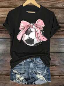 Camiseta Casual de Manga Corta para Mujer con Cuello Redondo, Lazo y Estampado de Balón de Fútbol para Uso Diario - Negro - Ver 1