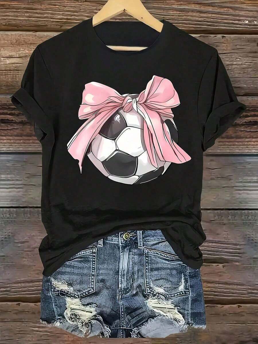 Camiseta Casual de Manga Corta para Mujer con Cuello Redondo, Lazo y Estampado de Balón de Fútbol para Uso Diario - Negro - Ver 1