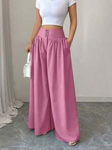 Nuevos pantalones anchos de mujer de estilo casual y elegante con diseño de hebilla floral, color caqui de lino, pantalones largos adecuados para el Día de Acción de Gracias, Halloween, primavera/verano - Rosa Fucsia - Ver 3
