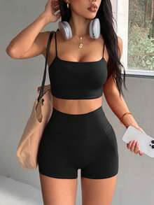 Aoqta Sports Women's Summer Casual Solid Color 2-Piece Set, Sleeveless Backless With Chest Pad Fitted Cropped Tank Top And High Waist Tight Shorts With Pockets, Suitable For Yoga, Running, Workout, Daily Wear - Black - View 8