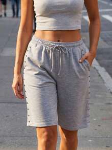 Women Knee Length Shorts, Elastic Waist Riveted Loose Summer Casual Shorts Streetwear - Gris Claro - Ver 3