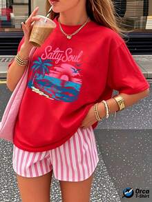 Women's Custom Y2k T-Shirt, Fashionable, 180g Pure Cotton, Women's Loose-Fitting Short-Sleeved Top, Urban Elegance, Breathable For Everyday Wear, Creative Print For Summer, Gift For Outdoor Sports. Pink "Salty Soul" Lettering Combined With A Tropical Beach Sunset Pattern, Blue Palm Trees And Waves, Sunset And Bird Elements In Pink, Vibrant Retro Design, Suitable For Casual Summer Wear. - 紅色 - 查看 12