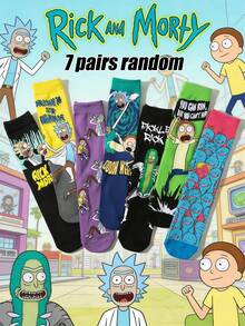 2/4/7 Pairs Random Women Socks, Warner Bros Rick And Morty Series, Cute Funny Cartoon Character, Moisture-Wicking Breathable Versatile Mid-Calf Socks, Suitable For Movie & Animation Fans - Multicolor - View 13