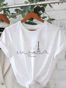 T-Shirt Camiseta Feminina, Estampa Moderna Cidade Paris - Blusinha Em Algodão Confortável Para Mulher - Branco - Visão 1