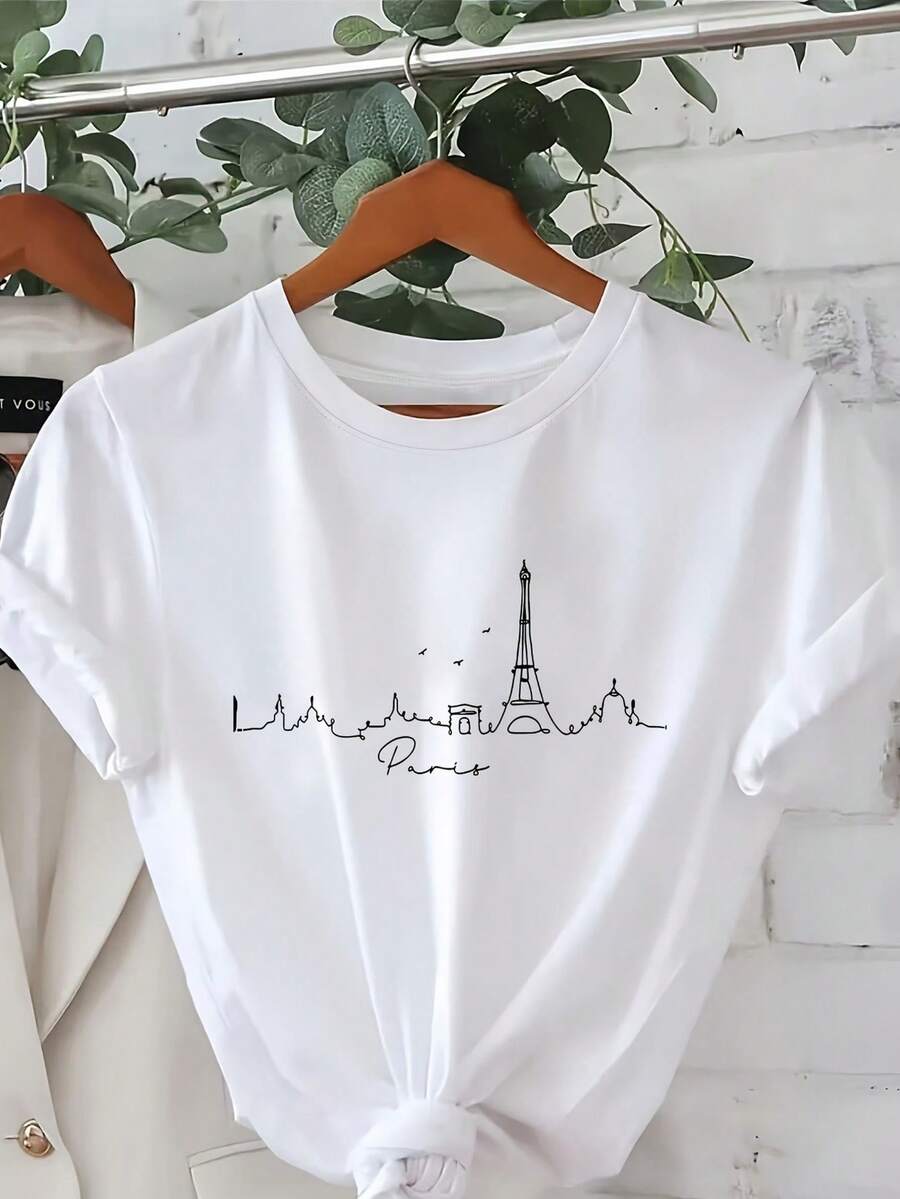 T-Shirt Camiseta Feminina, Estampa Moderna Cidade Paris - Blusinha Em Algodão Confortável Para Mulher - Branco - Visão 1
