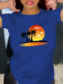 S274 Casual Short Sleeve T-Shirt With Custom Print - 寶藍色 - 查看 2
