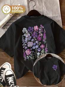 Women's Casual Summer Top, Floral Print, Blue And Purple Flowers, Round Neck, Short Sleeve T-Shirt 100% Cotton. - 黑色 - 查看 8