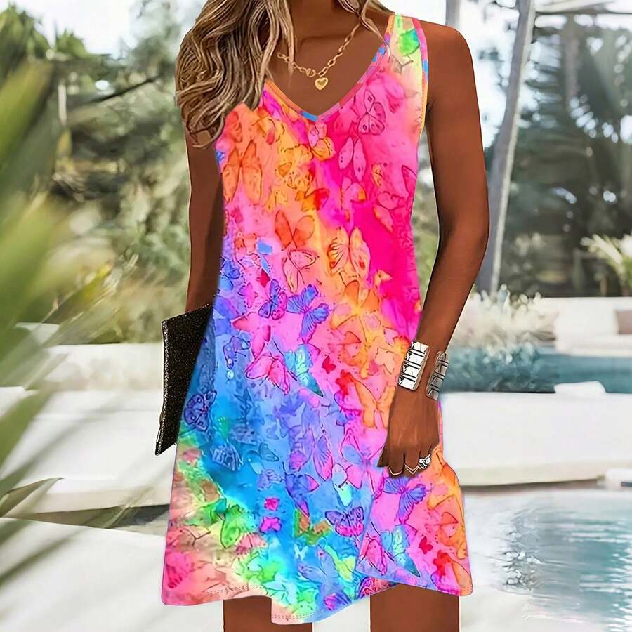 Floral Print Knit Fabric Casual Comfortable Short Dress, Suitable For Vacation, Date, Travel, Daily Wear In Summer Elegant - Multicolor - View 1