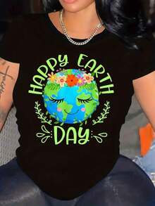 1 pieza de camiseta para mujer con la frase "Feliz Día de la Tierra" - Diseño floral vibrante y gráfico de un globo sonriente con la frase "Feliz Día de la Tierra", camiseta verde casual de manga corta y cuello redondo para atuendos informales y eventos del Día de la Tierra, ropa cómoda para todas las estaciones para amantes de la naturaleza. Camiseta de 180g 100% algodón, los diseños están impresos. Unisexo. - Negro - Ver 6