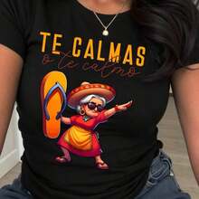 Camiseta para Mujer Te Calmas o Te Calmo con Abuela Mexicana Divertida y Sandalia de Playa Estilo Humorístico y Colorido - Negro - Ver 1