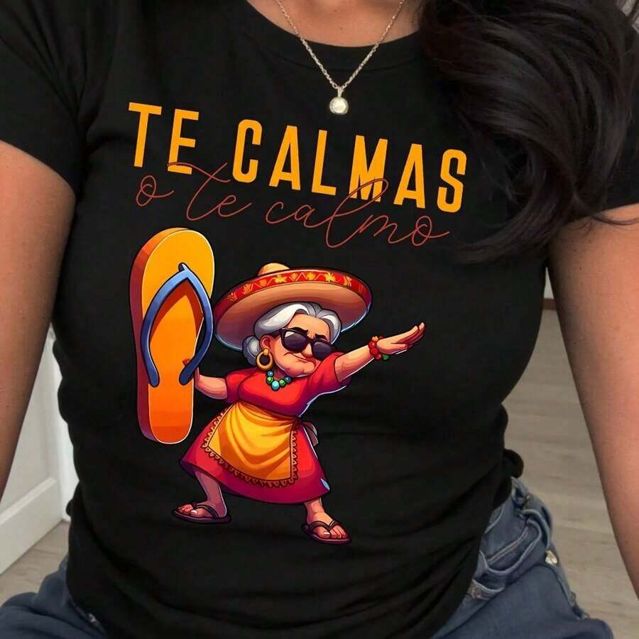 Camiseta para Mujer Te Calmas o Te Calmo con Abuela Mexicana Divertida y Sandalia de Playa Estilo Humorístico y Colorido - Negro - Ver 1