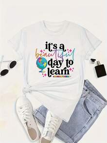 Camiseta de talla grande con estampado de letras, top casual de manga corta y cuello redondo para primavera y verano, ropa de talla grande para mujer. - Blanco - Ver 1