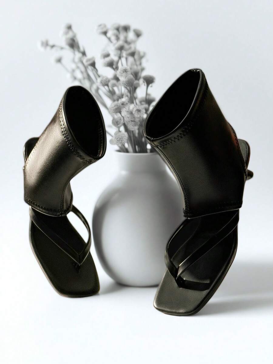 Women's Four-Season All-Match Square-Toe Thong Heeled Sandals, Stylish Elastic Ankle Booties, Comfortable Mid-Heel Dress Shoes For Daily Wear, Parties And Special Occasions. These Versatile Footwear Pair Easily With Dresses, Jeans And More For Year-Round Use - Black - View 1