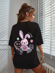 Camiseta de Cuello Redondo con Estampado de Dibujos Animados para Mujer, Marca Unity, Camisetas Gráficas, Tops de Mujer, 100% Algodón - Negro - Ver 4