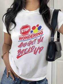 Motivational Phrase With A Stop Sign And Colorful Circles That Inspire Energy, Reminding You To Stop Doubting And Focus On Moving Forward With A Positive Attitude. Modern Casual Women's T-Shirt For Everyday Wear. - 白色 - 查看 1