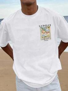 Ropa para hombre, camiseta de manga corta para hombre, diseño de cuello redondo, 100% algodón,Manfinity Dauomo Camiseta de hombre con estampado retro de limones de la de Amalfi, Italia, parte superior de verano casual y holgada - Blanco - Ver 3